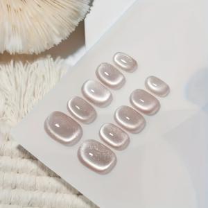 TEMU KJS046 - 핑크 새틴 스타버스트 프레스온 네일, 10개 세트. 반짝이는 누드 메이크업 연출, 핸드메이드 컨템포러리 네일 아트