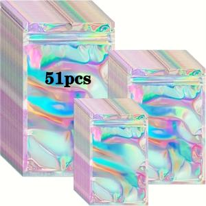 TEMU 12x18인치 투명 창문이 있는 51팩 홀로그래픽 셀로판 백, 투명 레이저 씰, 보석, 네일 아트, 선물 포장용 재사용 가능한 지퍼 수납 파우치, 도구 및 액세서리용 내구성 플라스틱 정리 가방, 보석 정리 수납