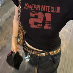 TEMU 1개 여성용 Y2K 빈티지 ISMEPRIVATE 디지털 21 반팔 티셔츠 - 레트로 디스트레스드 프린트 라운드넥 크롭탑, 넘버 21 디자인, 2000년대 에스테틱 캐주얼 웨어