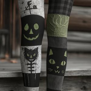 TEMU 할로윈 해골 테마 컬러 카드 패치워크 프린트 레깅스, 스타일리시 프린트 캐주얼 여성 바지