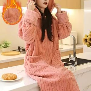 TEMU 가을/겨울용 산호색 롱핏 도톰한 후드 잠옷 가운 1개, 3가지 색상 선택 가능, 겨울용 편안하고 따뜻한 후드 파자마 가운, 주머니가 있는 보온 라운지웨어, 플러시 안감과 도톰한 High-GSM 잠옷/수면복 원피스, 가정복으로 적합