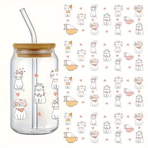 TEMU 야옹이 고양이 테마 디자인 UV DTF 컵랩 프린팅 방수 자체 접착제 4개, 머그컵, 물병, 컵에 적합, 16온스 유리병 포장용 DTF 전사지, 3D 라벨, 방수 및 스크래치 방지, DIY 포장용 전사지 - DIY 공예품 및 장식용으로 완벽