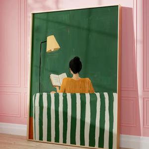 TEMU 1개, 벽 장식, 빈티지 포스터, 여성 독서 아트 프린트, 줄무늬 소파와 추상 인물 캔버스 그림, 침실 인테리어, 거실 미학 디자인, 친구 선물, 집들이 선물, 액자 미포함