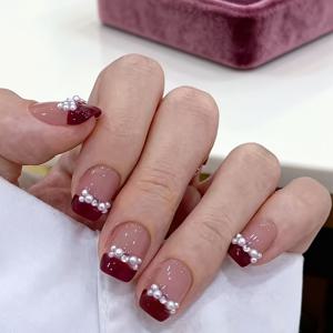 TEMU 수제 짧은 접착 비드 리본 프렌치 스타일 인조 네일 스티커 컬렉션