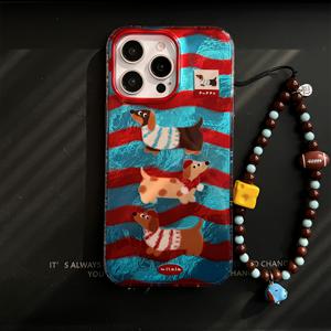 TEMU 휴대폰 케이스 - 아이폰 17, 16, 11, 13, 15 등에 적합한 만화 강아지 휴대폰 케이스 (체인 포함). 광택 흰색의 큰 구멍 회전수 디자인, 치즈 블루 강아지 스트랩 포함