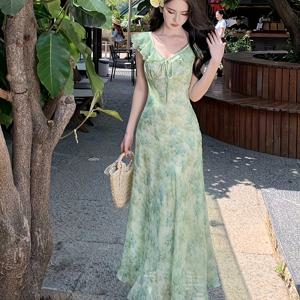 TEMU 부드럽고 독특한 그린 플로럴 A라인 비치 드레스, 짧은 퍼프 소매와 아름다운 허리 슬림핏 디자인