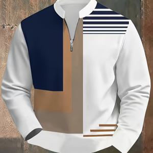 TEMU 남성 패션 긴팔 티셔츠, 블루와 브라운 컬러의 블록과 라인 디자인으로 스타일리시하고 캐주얼한 룩. 데일리웨어, 파티, 아웃도어 활동, 스트리트웨어, 운동에 완벽