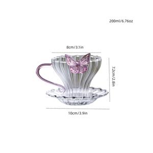 TEMU 2개 세트 (컵 + 접시), 핑크 나비 장식, 손잡이와 코스터가 있는 투명 유리 티컵, 스타일리시한 커피컵, 푸에르茶용 여성 티컵, 레스토랑용 식기, 창의적인 선물