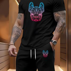 TEMU 남성 캐주얼 여름 티셔츠 - 프렌치불독 패턴, 루즈핏, 편안한 라운드넥과 허리밴딩, 아웃도어 활동 및 캐주얼 의류에 이상적이고 유쾌한 패턴, 편안한 핏, 플러스 사이즈, 남녀공용, 커플룩