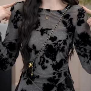 TEMU 세련된 프린트 롱슬리브 메쉬 탑, 가을용 허리 티셔츠