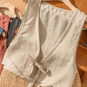 TEMU 여성용 여름 나시 브이넥 면 루즈핏 베스트 코트 상의 솔리드 심플 패션 벨트 베스트 쿨나시 문예 빈티지 슬림소녀 SLIM GIRL