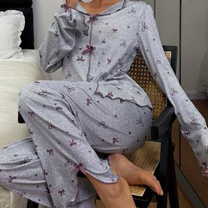 TEMU 여성용 회색 라펠 V넥 파자마 세트 (스플릿 디자인), 나비와 하트 프린트, 긴소매 및 바지, 우아한 풀오버 및 바지, 부드럽고 편안한 성인 여성용, 봄, 가을, 겨울에 이상적, 일상복, 패셔너블한 잠옷