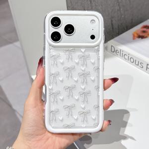 TEMU 휴대폰 케이스 - 화이트 리본과 하트 패턴이 특징인 투명한 폰 케이스. 아이폰 17/16/15/14/13/12/11 Pro Max 시리즈에 적합하며 렌즈 보호 기능이 있습니다. 고급스러운 느낌과 젊은 층을 위한 니치 디자인으로, 특별한 선물로 좋습니다.