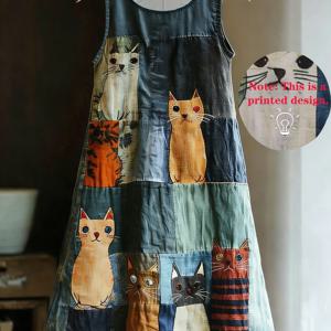 TEMU 플러스 사이즈, 여성용 고양이 프린트 민소매 원피스, 여유로운 핏의 바캉스 스타일, 나이감 줄어지는 미디 기장 스커트