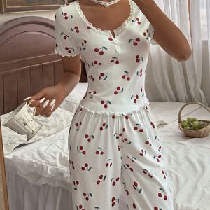 TEMU 204 화이트 체리 캐주얼 파자마 세트 | 크루넥, 반팔, 올 시즌, 긴 바지, 과일 & 채소 패턴, 성인용으로 완벽