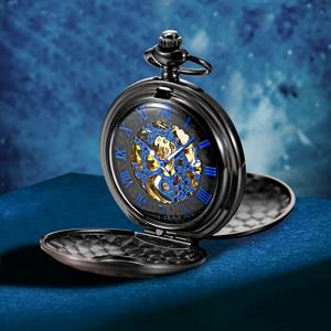 TEMU 1개 블랙 골든 기계식 포켓워치, 블루 골든 리치 컬러 다이얼, 블랙 펜던트 목걸이 포함, 남녀공용 패션 액세서리, 다양한 선물 및 휴일용