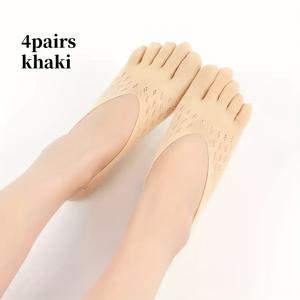 TEMU 5발가락 양말 4켤레, 발가락 분리형 양말, 노쇼 인비저블 양말, 로우컷 보트 양말, 여름용 얇은 스타일, 편안하고 통기성 좋음, 실리콘 미끄럼 방지 발가락 보호 포함, 발 궤양 환자에게 적합, 미끄럼 방지 뒤꿈치, 浅口신발 및 하이힐과 잘 어울림, 청소년용 양말, 십대용