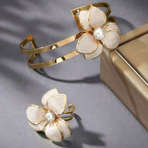 TEMU 빈티지 우아한 오일드롭 플라워 모조 진주 디자인 오픈 팔찌와 반지 세트 2pcs