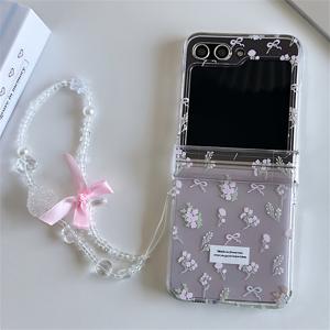 TEMU INS 스타일리시 핑크 플로럴 리본 투명 폰 케이스 - 갤럭시 Z Flip 7/6/5/4/3용 3D 레이저 스타 로즈 체인 꽃 디자인, 투명 핑크 백 커버