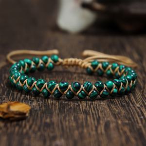 TEMU 말라카이트 팔찌 - 조절 가능한 스타일 비즈 장식, 미네랄 소재, 선생님 선물, 캐주얼 의상, 사계절 액세서리 (도금 없음)