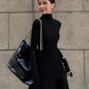 TEMU 여성용 봄/가을 하이넥 원단 안감 처리된 우아한 허리 슬림핏 무릎 기장 블랙 맥시 드레스