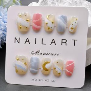 TEMU 10개입 핸드메이드 숏 스퀘어 컬러풀 마블 패턴 네일 팁, 골든 문 & 스타 패턴 디자인, 고급스러운 룩을 위한 황금색 효과, 손톱 외모 향상. 젤리 글루 1개 포함