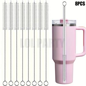 TEMU 빨대용 초장타입 청소 브러쉬 세트 (8개 스테인리스 스틸 손잡이 브러쉬 포함), 유리컵, 빨대컵, 물병 및 튜브에 적합 (흰색)