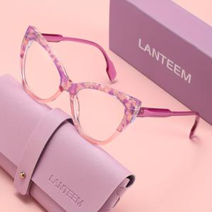 TEMU LANTEEM (무료 안경 케이스 및 외부 상자) 고양이 눈 모양 패션 안경 1쌍, 프린트 장식, 여성용 플라노 거울 안경, 고품질 소재, 편안한 착용감, 고급스러운 우아한 성격, 투명 렌즈, 장식 없는 안경