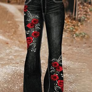 TEMU 【모조 데님】여성 플레어 팬츠 - 논-페이크 데님 원단, 플로럴 프린트 롱 트라우저, 올 시즌 착용, 캐주얼 스타일, 편안한 착용감, 다용도 디자인, 스타일리시 디자인