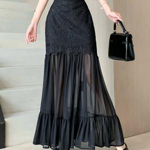 TEMU 1329# 블랙/화이트 패션 레이스 시스루 맥시 드레스 1개, 2025년 신상 여성용 하이웨이스트 메쉬 스커트, 우아한 블랙/화이트 레이스 시스루 맥시 드레스, 메쉬 이브닝 파티 스커트, 흐르는 듯한 메쉬 데이트 스커트
