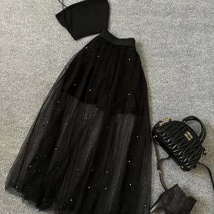 TEMU Y2K 스트랩리스 투명 메쉬 비즈 스커트 2피스 세트