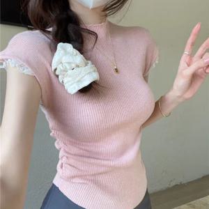 TEMU 여성용 여름 플리츠 슬림핏 인너웨어 디자인 센스 레이스 스플라이싱 라운드 넥 반팔 티셔츠