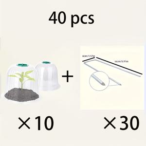 TEMU 40개입 (투명 식물 성장 커버 10개, 고정형 녹색 상단 및 말뚝 30개), 실내외 모종 보호에 적합, 재사용 가능한 PVC 모종 커버 - 채소, 모종 및 꽃 재배에 이상적