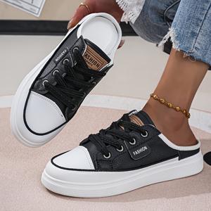 TEMU 심플 로고 데일리 스트리트웨어 패션 활용도 높은 여성 캐주얼 슈즈 2026 봄 컬렉션 순백색에 블랙 트림 플랫폼 슬라이드온 슬립온 슈즈, 여성 신발, 스니커즈