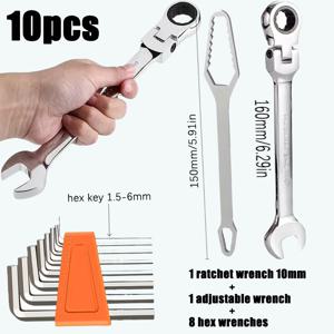 TEMU 10개 다기능 래칫 렌치 세트, 스위블 헤드 콤비네이션 렌치, 180도 회전 듀얼 헤드, 리버서블 조절 토크, 초내구성 크롬 바나듐 스틸, 인체공학적 핸들, 72톱니 정밀 다목적 자동차 수리 도구 - 자동차, 자전거, , 요트 유지보수 및 수리에 적합. 10개 세트 구성: 1개 렌치 + 8개 헥스 키 + 1개 유니버설 렌치
