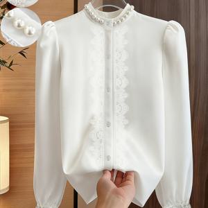 TEMU 여성 셔츠, 데일리 출퇴근 셔츠, 라운드넥 긴팔 셔츠, 펄 레이스 셔츠, 우아한 여성 블라우스