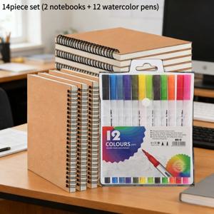 TEMU 14피스 세트(2개 노트북+12개 수채화 펜) 50롤 장비 포함, 잊어버린 노트북 다이어리 플래너, 그리드 용지, 작업, 스케치, 학습, 메모 작성에 완벽한 문구 용품