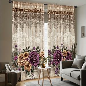 TEMU 2D 평면, 2D 프린팅 2개, 우아한 플로럴 & 레이스 패턴 커튼 - 라이트 필터링 폴리에스터 드레이프, 보라색 장미 & 녹색 잎 디자인, 거실, 침실, 주방, 사무실용 - 로드 포켓, 쉬운 설치, 거실용 커튼