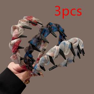 TEMU 3개 세트 프린트 플리츠 메쉬 헤어밴드, 미끄럼 방지 웨이브 톱니 이발대, 다용도 하이 크라운 우아한 헤어 액세서리