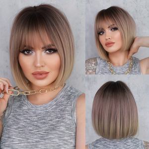 TEMU 시크한 여성용 밥 가발 앞머리 포함 - 우아한 옴브레 블론드에서 핑크까지, 자연스러운 합성 머리, 150% 밀도, 스타일, 일상 착용 및 코스프레에 이상적, 헤어 가발