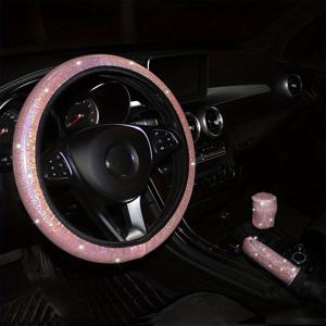 TEMU 차량 핸들, 핸드브레이크, 기어 변속기용 다채롭고 광택 있는 인조 가죽 커버 3종 세트, 여성용 부드럽고 편안한 추가 장식