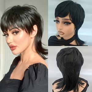 TEMU 짧은 블랙 멀렛 픽시컷 가발 - 80년대 샤기 레이어드 컬리 합성 헤어 가발, 화이트 여성용, 자연스러운 가발, 데일리, 파티 & 코스튬용 (블랙)