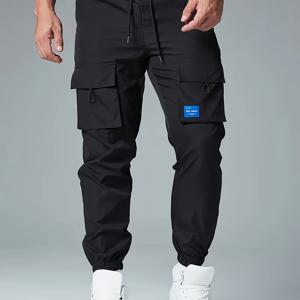 TEMU 남성용 포켓이 있는 루즈한 솔리드 카고 조거, 액티브한 통기성 드로스트링 바지