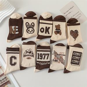 TEMU 5/10켤레 여성용 귀여운 곰 캐릭터 동물 패턴 양말, 통기성 좋은 부드러운 편안한 데일리 미디엄 튜브 양말