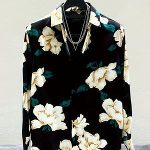 TEMU 남성용 긴팔 패셔너블 씬 Y 스무스 캐주얼 셔츠, 플로럴 프린트, 드레이핑 느낌, 트렌디한 스타일, 목걸이 액세서리 미포함