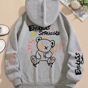 TEMU Bear & Letter 프린트 후드티, 캐주얼 포켓 긴 소매 드로스트링 후드티 스웨트 셔츠, 여성 의류