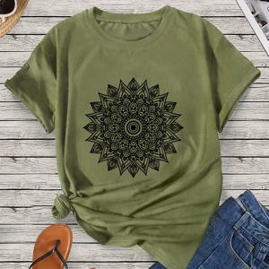 TEMU 만다라 프린트 라운드 넥 스포츠 티셔츠, 반팔 러닝 캐주얼 탑, 여성 액티브웨어