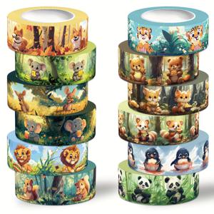 TEMU 귀여운 동물 디자인 12롤 와시 테이프 세트. 문구, 스크랩북, 공예, 선물 포장에 완벽합니다.