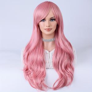 TEMU 사이드 앞머리가 있는 26인치 핑크 컬리 웨이브 가발 - 내열성 합성 머리카락, 긴 파도 스타일, 파티 및 캐주얼 의상용 전체 헤드 커버리지