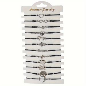 TEMU 기하학적 동물 및 식물 디자인의 스테인리스 스틸 팔찌 12개 세트, 여성용 조절 가능한 블랙 로프 참 팔찌